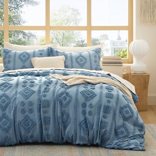 Bedsure Boho Duvet Cover King - Dusty Blue Tufted Boho Bedding, Farmhouse Shabby Chic Embroidery Bedding for All Seasons, 3 Pieces, 1 Soft Jacquard King Comforter Cover and 2 Pillow Shams Bedsure
