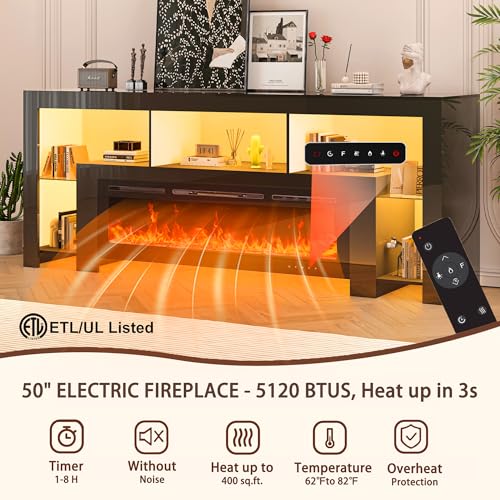 94.5" Fireplace TV Stand for TVs Up to 100", Gaming LED Entertainment Center with 50" Electric Fireplace, Modern High Gloss Media Console for Living Room, Glass Shelves & Open Storage, Black CayugaCrekrd