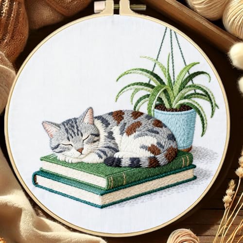 FREEBLOSS 6 Set Embroidery Kit Cat and Flower Stamped Embroidery Starter Kit with Step by Step Instructions, Colored Threads, 2 Hoops, Needlepoint Kits for Hand Craft Lovers Gift, 30cm/11.8inch