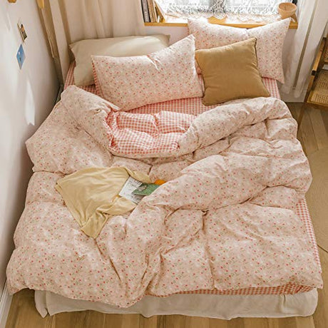 BlueBlue Rabbit Duvet Cover Set Queen 100% Cotton Bedding for Kids Boys Girls Teens Cartoon Bunny Red Flower Garden on Pink 1 Reversible Check Comforter Cover Full 2 Pillowcases BlueBlue