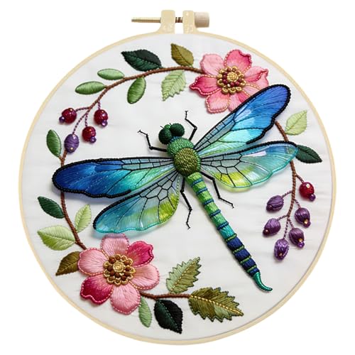 Dragonfly Floral Embroidery Kit for Adults - 11.81x11.81in Pre-Stamped Pattern Cross Stitch Kit with 7.87 Inch Bamboo Hoop, Floss, Needles - DIY Craft Kit for Home Decoration & Gift Giving