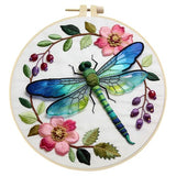 Dragonfly Floral Embroidery Kit for Adults - 11.81x11.81in Pre-Stamped Pattern Cross Stitch Kit with 7.87 Inch Bamboo Hoop, Floss, Needles - DIY Craft Kit for Home Decoration & Gift Giving