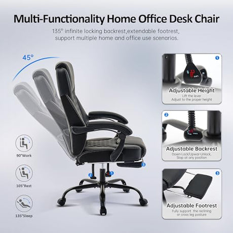 amseatec Office Chair, Big and Tall Office Chair with Foot Rest Ergonomic Chair for Home Desk, Reclining High Back Leather Chairs with Lumbar Support(Black) amseatec