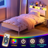 Elephance Twin Bed Frames with Charging Station and LED Lights, Metal Bed Frame with 2-Tier Storage Headboard, No Box Spring Needed, Noise Free, Easy Assembly Elephance