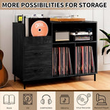 BIZOEIRON Record Player Stand with Flip-Top & Drawers, Vinyl Storage Cabinet with Outlet, Wood Media Console Table for Vinyl Records Storage, Assembly Required, Black BIZOEIRON
