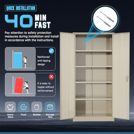 Superday Metal Storage Cabinet with Lock, 72" H Garage Storage Cabinet with Doors and 4 Adjustable Shelves,Putty Steel Locking Cabinets for Office, Home, Garage, Gym, School Superday