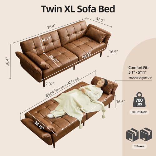 HALLYBEE 85” Futon Sofa Bed, Sleeper Sofa, Small Couch with Storage Adjustable Armrests Pillows, Faux Leather Loveseat, Mid Century Modern Couches for Living Room, Bedroom, Apartment, Brown HALLYBEE
