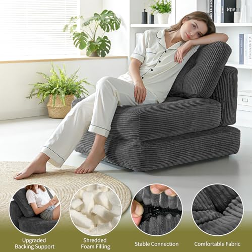 Art3d Folding Sofa Bed, Convertible Sleeper Sofa Bed with Pilow & Back Support, 3 in 1 Long Futon Boneless Couch, Comfy Floor Couch for Living Room, Bedroom, Dark Gray Art3d