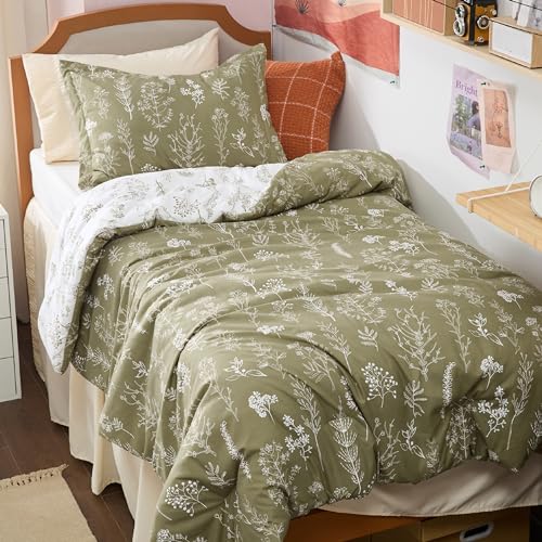 Bedsure Twin/Twin XL Comforter Set - Olive Green Bed Set, 2 Pieces Cute Floral Bedding, 1 Soft Reversible Botanical Flowers Comforter and 1 Pillow Sham Bedsure