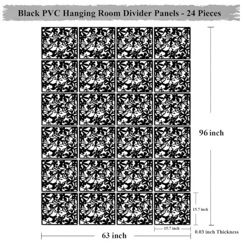 LRZCGB Hanging Room Divider,24 Pieces PVC Screen Partition Panel with Butterfly Flower Bird for Living Dining Study Sitting-Room Hotel Bar Decoration (Black, 24) LRZCGB