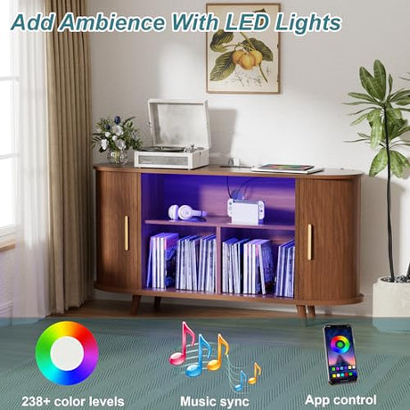 YKVIQBY Large Record Player Stand with LED Lights, Vinyl Record Storage with Charging Station & USB Ports, Record Player Cabinet for Living Room(Natural, 55in) (Walnut, 55in) YKVIQBY