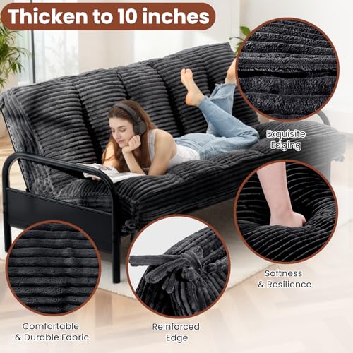 feliz home 10" Futon Mattress Queen Size,Futons Sofa Couch Bed with Straps, Thick Corduroy Floor Mattress for Adults, Roll Up Folding Mattress Shredded Foam Filling, Medium Firm (Black, Queen) feliz home