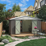 Greesum 10×8FT Outdoor Storage Shed, Metal Patio Storaged Sheds with Lockable Doors, Sheds & Outdoor Storage for Bike, Backyard, Pool and Garden, Gray Greesum