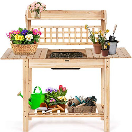 Giantex Garden Potting Bench, Outdoor Wood Work Table w/Sliding Tabletop, Planter Bench Work Station w/Removable Sink & Storage Shelves for Backyard Patio Balcony, Natural Giantex