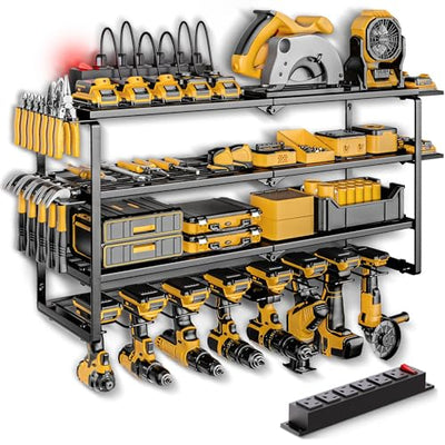 Spampur Power Tool Organizer, Quick Assembly & Max 420lb. Load With 6 Outlet Power Strip, 4 Tiers 8 Slots for Cordless Drill Holder Wall mount in Garage/Workshop/Pegboard Suitable for Birthday Gift