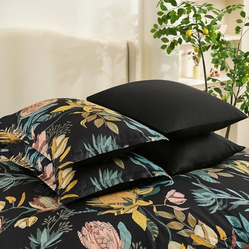 Luxudecor Queen Comforter Set 7 Pieces Bedding Sets, Black Floral Comforter and Sheet Set, Soft Microfiber Bed in a Bag for All Seasons (Black,90"x90") Luxudecor
