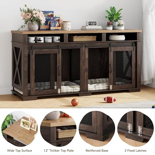 71'' Large Dog Crate Furniture for 2 Dogs, XXL Double Door Indoor Wooden Kennel with Removable Divider & Sliding Barn Door, 3-Drawer TV Stand End Table for Medium & Large Dogs ﻿ PeacefulHues
