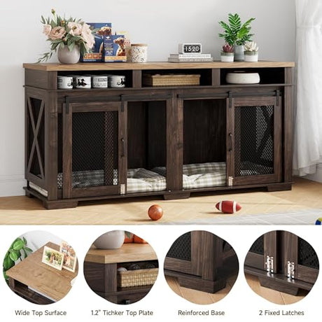 71'' Large Dog Crate Furniture for 2 Dogs, XXL Double Door Indoor Wooden Kennel with Removable Divider & Sliding Barn Door, 3-Drawer TV Stand End Table for Medium & Large Dogs ﻿ PeacefulHues