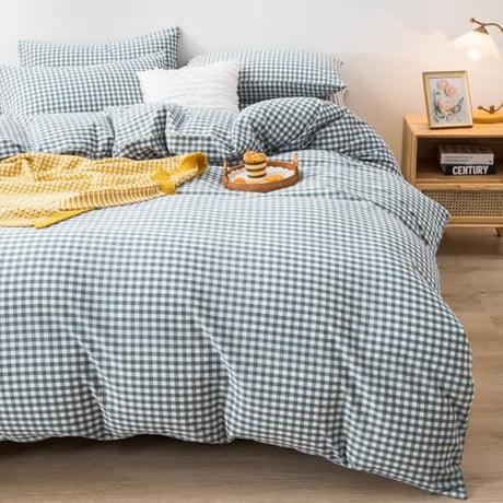 mixinni Blue Gingham Comforter Set King, Plaid Comforter Set 3 Pieces 1 Blue Grid Comfoter with 2 Pillow Cases for All Seasons, Soft Fluffy Modern Grid Pattern Printed Bedding-King Size mixinni