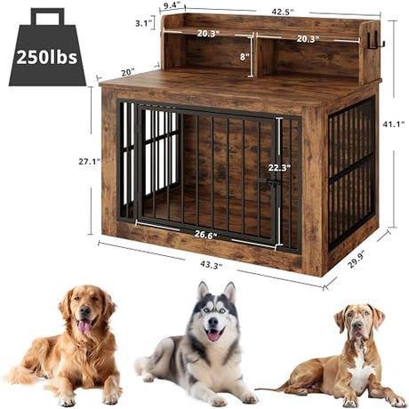 IRONCK Extra Large Dog Crate Furniture, 43.3 inches Wooden Dog Crate with Storage and 4 Hooks, Heavy Duty Pet Crate for Large Dog, Decorative Pet Cage for Indoor (30" L x 43.3" W x 41.1" H) IRONCK