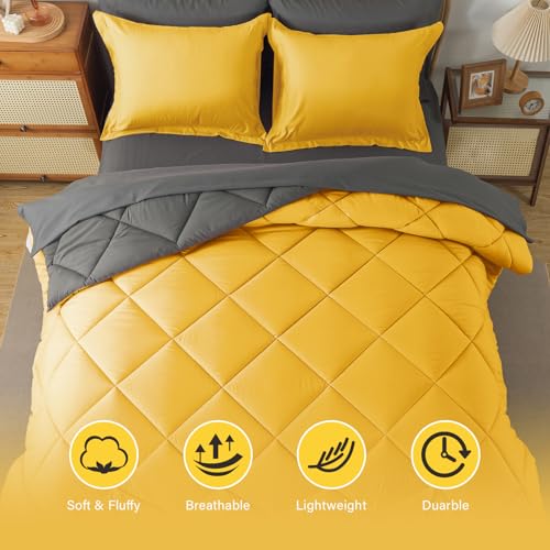Cosybay Bed in a Bag Full Reversible Comforter Sets 7pcs All Season Down Alternative Bedding Sets Yellow and Grey with Comforter, Pillow Shams, Flat Sheet, Fitted Sheet and Pillowcase Cosybay
