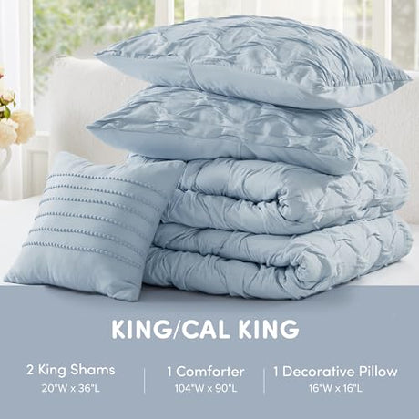 Comfort Spaces Comforter for King Size Bed, Ogee Ruched with Crinkle Texture, Breathable Comforter Set King, All Season Lightweight Bedding Set, Shams, Décor Pilow, King/Cal King Blue 4 Piece Comfort Spaces