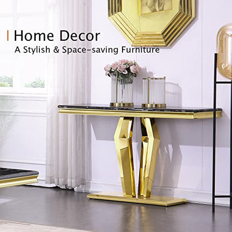 ACEDCOR Modern Console Table, Rectangular Living Room Entryway Table with Mirrored Geometric Base, Black Gold ACEDÉCOR