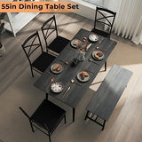 VINGLI 55in Modern Dining Table Set for 6, Rectangular Kitchen Dining Table, Bench, 6 Piece Wooden Dinner Table Set with Upholstered Chairs for Kitchen, Dining Room, Apartment - Dark Grey VINGLI
