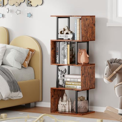 S-Shaped 5-Tier Furologee Bookshelf - Modern Rustic Brown Display Rack for Home & Office - WoodArtSupply