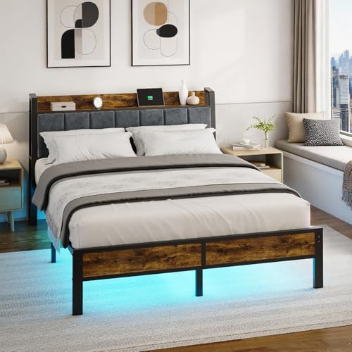 Queen Size Bed Frame with Wood Headboard, Metal Platform Bed with USB Charging Station and Smart LED Lights, No Box Spring Needed, Easy Assembly Liians