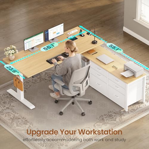 SEDETA L Shaped Electric Standing Desk, 55" x 55" Height Adjustable Office Executive Desk with 6 Fabric Drawers and Storage Shelves, Sit Stand Computer Desk with Power Outlet for Home Office (Oak) SEDETA
