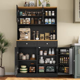 Tall Pantry Cabinet, Modern Kitchen Hutch with Microwave Stand, Kitchen Pantry Storage Cabinet with 2 Darwers & Door Shelf, Food Pantry with Glass Doors & Adjustable Shelves for Dining Room, Black Gyfimoie