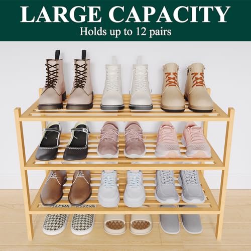 Smiry Bamboo Shoe Rack 3-Tier, Stackable Wooden Shoe Organizer for Entryway & Closet, Free Standing Wood Shoe Storage Shelf for Front Door & Small Spaces, Natural Smiry