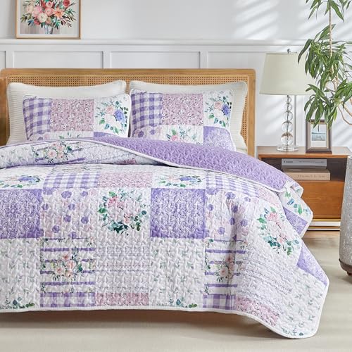 Joyreap 2 Pieces Floral Quilt Set Twin, Patchwork Purple n Pink Flowers Design, Smooth Soft Microfiber Quilt, Bedspread Bed Cover for All Season, 1 Quilt and 1 Pillow Sham- 68x86 inches Joyreap