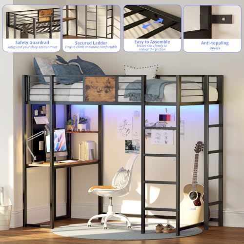 LIKIMIO Black Twin Metal Loft Bed with Integrated Desk, Shelves, and LED Lights for Teens and Adults - WoodArtSupply