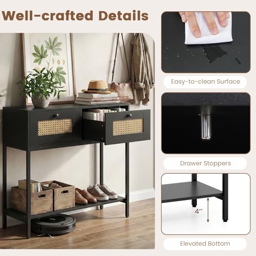 COSTWAY Rattan Console Table, Boho Narrow Sofa Table with 2 Storage Drawers and Open Shelf, 3-Tier Entryway Table with Sturdy Metal Frame for Living Room, Hallway, Foyer, 32 Inch (Black) COSTWAY