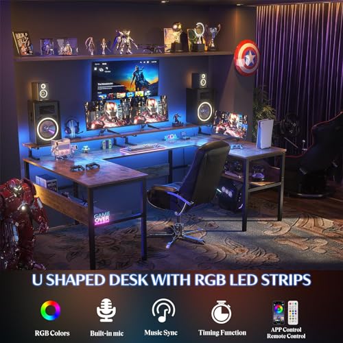 Hyomdeck DIY U Shaped Desk & L Shaped Office Desks with Adjustable Monitor Stand, RGB LED Lights and Power Outlets, Reversible L Shape Computer Gaming Desk with Storage Shelves, Rustic Brown