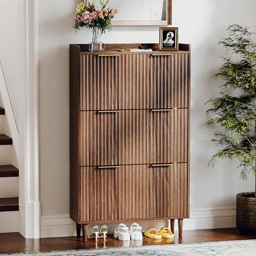 VINGLI Fluted Shoe Storage Cabinet for Entryway with 3 Flip Drawers, Narrow Shoe Organizer with Fluted Panel, Freestanding Wood Hidden Shoe Cabinet for Foyer, Hallway (Dark Walnut, 3 Flip Drawers) VINGLI