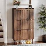 VINGLI Fluted Shoe Storage Cabinet for Entryway with 3 Flip Drawers, Narrow Shoe Organizer with Fluted Panel, Freestanding Wood Hidden Shoe Cabinet for Foyer, Hallway (Dark Walnut, 3 Flip Drawers) VINGLI