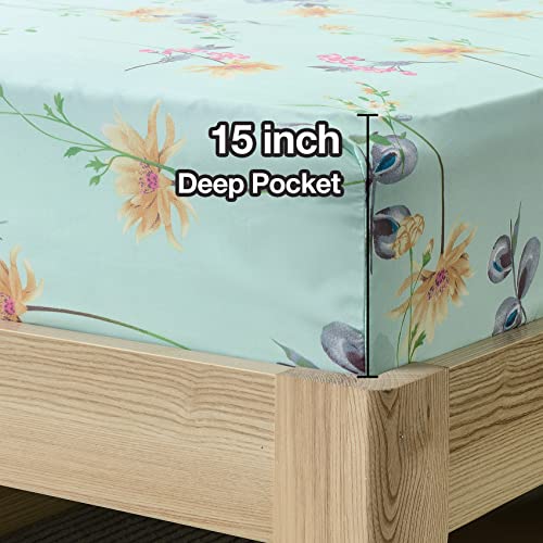 JSD Green Floral Queen Sheet Set 6 Piece, Soft Boho Printed Microfiber Bed Sheets Extra Deep Pocket, Oeko-TEX Certified JSD