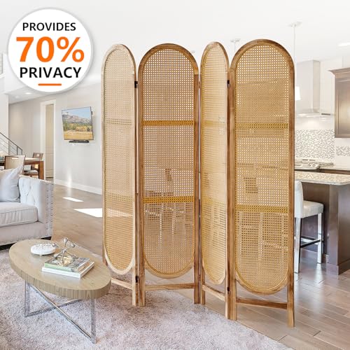Asnefeli 4 Panel Room Divider, Double Hinged Foldable Wooden Room Divider, Individual Privacy Screen Made of Hand-Woven Rattan, Portable Wall Divider for Home Office Bedroom Bathroom (Natural) Asnefeli