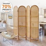 Asnefeli 4 Panel Room Divider, Double Hinged Foldable Wooden Room Divider, Individual Privacy Screen Made of Hand-Woven Rattan, Portable Wall Divider for Home Office Bedroom Bathroom (Natural) Asnefeli