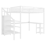 Queen Size Loft Bed with Desk and Stairs, Gaming Loft Bed with RGB LED Light and Storage, Heavy-Duty Metal Loft Beds Frame with Wardrobe, Shelves and Charging Station for Adults Kids Teens, White Mirightone
