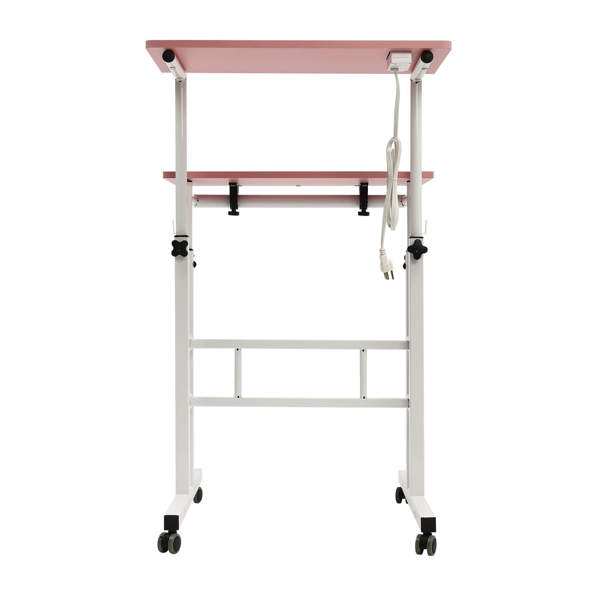 YIPONYT Mobile Standing Desk with 2 USB Ports and Outlets, Adjustable Standing Computer Desk, Standing Adjustable Laptop Cart with Wheels, Rolling Desk Laptop Cart (Pink) YIPONYT