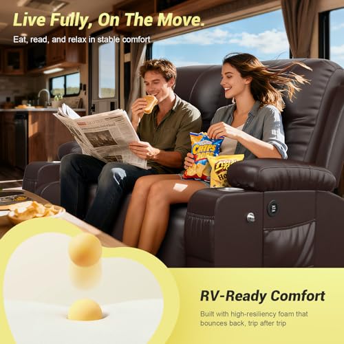 MOSGAT RV Loveseat Recliner Sofa, Reclining Loveseat Wall Hugger Recliners with USB Ports, Cup Holders, Insert Pockets, RV Recliners for Travel Trailers & Living Room, RV Furniture | RV Couch | Brown