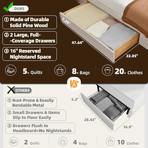 QNZK King Bed Frame with Storage & Built-in Nightstands, Velvet Upholstered Platform Bed Frame with Drawers & 2 Floating Storage Shelves, Noise-Free, No Box Spring Needed, Easy Assembly, Beige QNZK