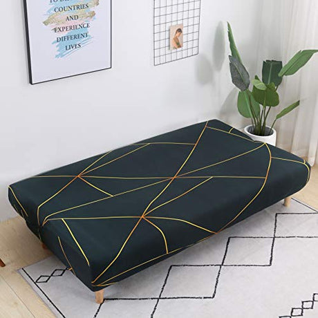 MIFXIN Armless Sofa Bed Cover Stretch Spandex Futon Slipcover Folding Couch Non-Armrest Sofa Furniture Protector for 3 Seater Full Size Black Folding Sofa Bed Without Armrests (Printed-01) MIFXIN