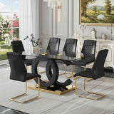 63" Glass Dining Table Set for 6, Modern Dining Table Set for 6, Tempered Glass Tabletop with Black OC-Shaped Legs and Gold Base, Black Gold Kitchen Table Set with 6 Cantilever Upholstered Chairs Iopirbu