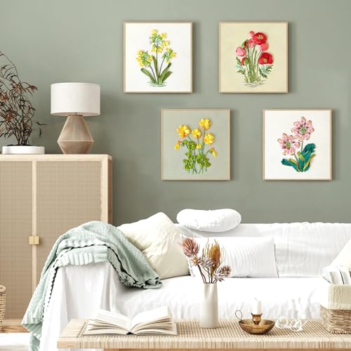 LOMOHOO 4 Sets Ribbon Flower Embroidery Kit for Beginners, Needlepoint Stamped Cross Stitch Starter Kits, Stitch Learning DIY Kit with Floral Pattern, Thread, Hoops, Colorful Ribbons Flower