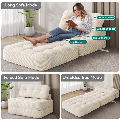 YITAHOME Folding Sofa Bed, Convertible Sleeper Chair with Pillow Foldable Mattress with Back Support, Portable Fold Out Chair Bed Comfy Floor Sofa Lounge for Living Room Bedroom, Beige YITAHOME